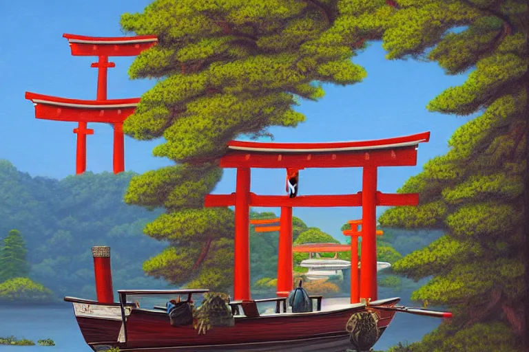 Prompt: a painting in the style of rob gonsalves of a beautiful large shinto shrine with a torii in a natural setting, soft lighting, seasonal weather, on a large sailboat