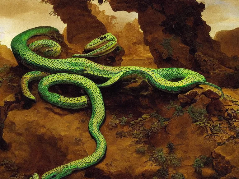 Prompt: an oil painting of a great snake with vivid green scales in a cracked desert by carl spitzweg and tuomas korpi. baroque elements, full-length view. baroque element. intricate artwork by caravaggio. Trending on artstation. 8k