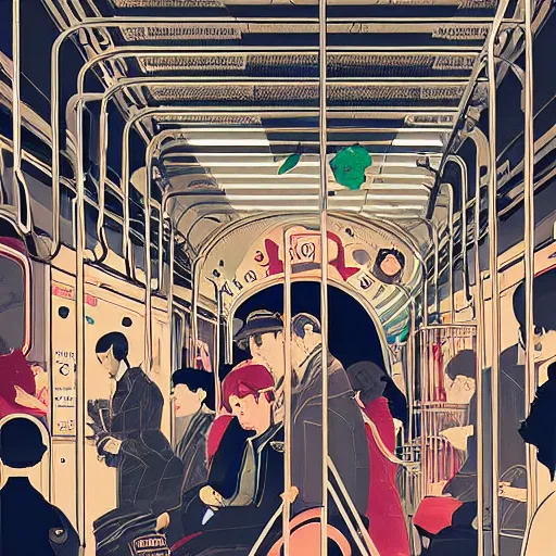 Image similar to parisian subway life, illustration by victo ngai, studio muti, malika favre