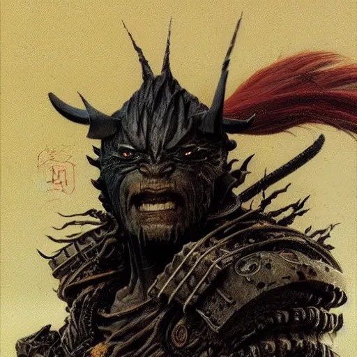 Prompt: head and shoulders portrait of a black samurai fire giant, d & d, fantasy, greg rutkowski, frank frazetta, alexandre chaudret, boris vallejo, michael whelan, miro petrov, hr giger, magali villeneuve, donato giancola