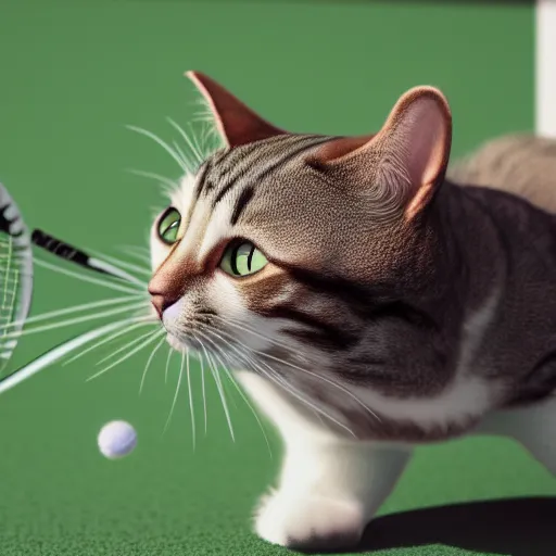 Image similar to cat standing playing tennis, realistic, highly detailed, cinematic