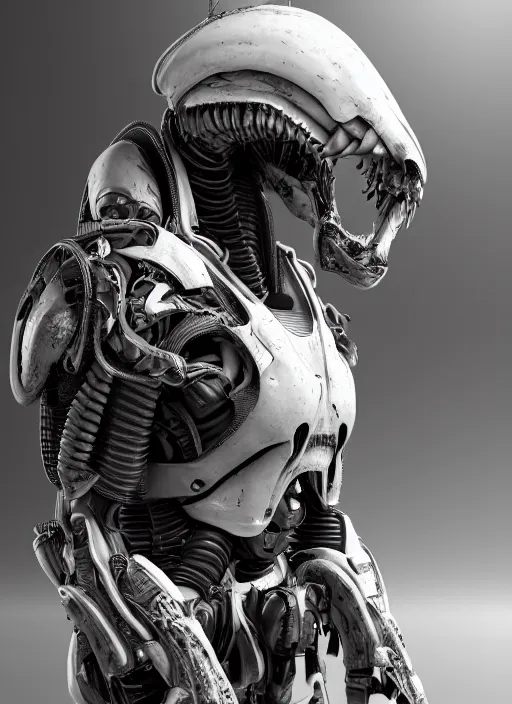 Prompt: a photorealistic dramatic hyperrealistic render of a predator the alien hunter exosuit in white bone armor, ultra realistic details, well worn by paul dave malla, cedric seaut from artstation, beautiful dramatic dark moody tones and lighting, cinematic atmosphere, studio lighting, global illumination, shadows, dark background, concept design art octane render, 8 k