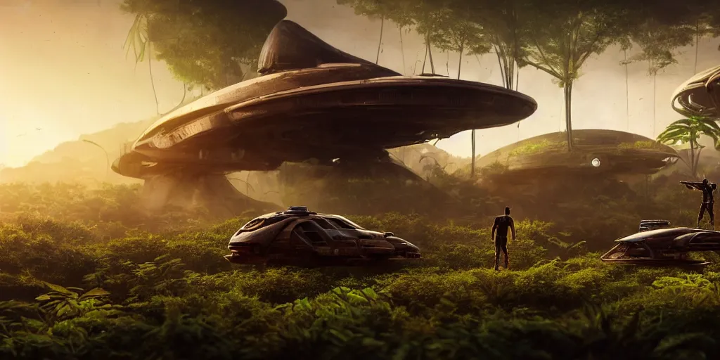 Prompt: a huge futuristic rusty abandoned old alien spaceship, next to it a smaller exploration vehicle on a landing pad, surrounded by a lush alien jungle, in the foreground two explorers are arguing, sunset, volumetric light, hyperdetailed, artstation, cgsociety, 8k