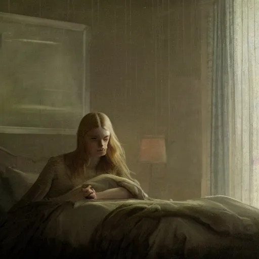 Prompt: silhouette of Elle Fanning in the world of Andrew Wyeth, stormy weather, extremely detailed masterpiece, oil on canvas, low-key neon lighting, artstation, Blade Runner 2049, Roger Deakin’s cinematography, by J. C. Leyendecker and Peter Paul Rubens,