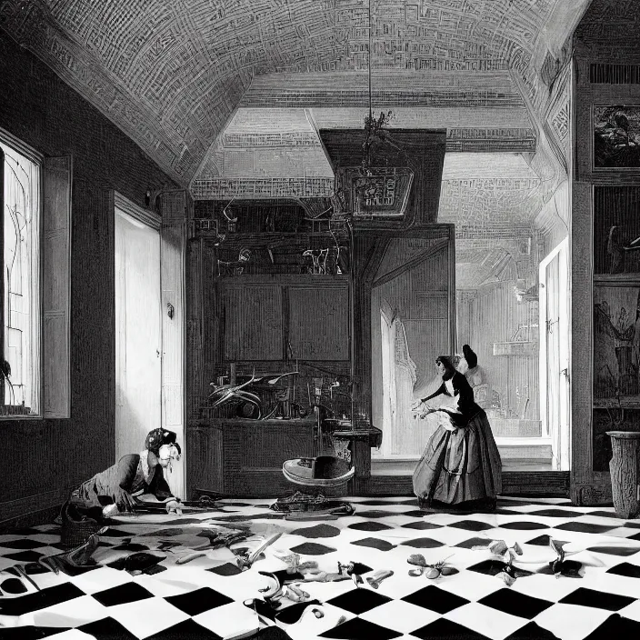 Image similar to pieter de hooch, trending on artstation, highly detailed, black and white checkerboard floor in the middle of the rainforest, intricate, elegant