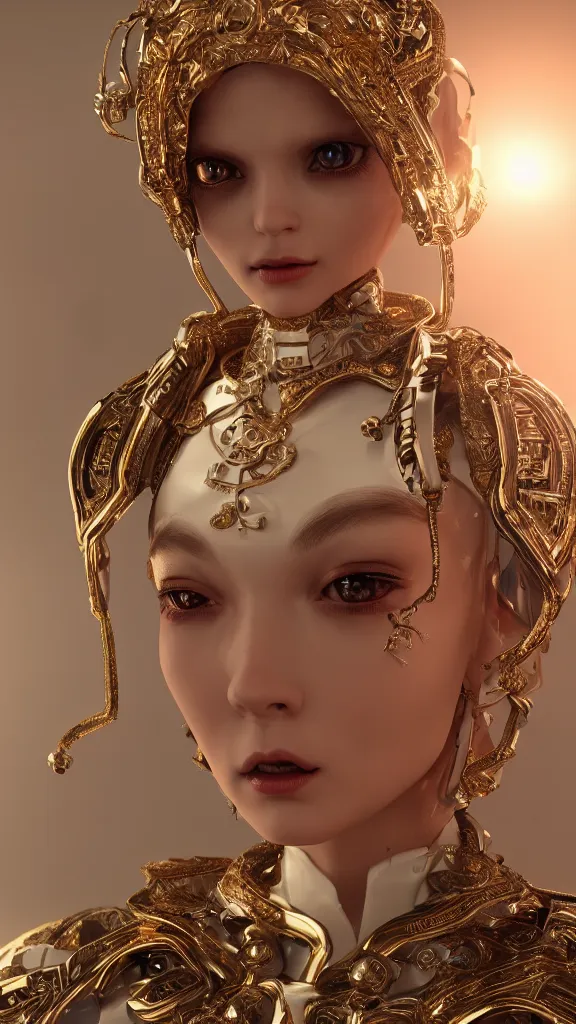 Prompt: ornate porcelain android woman doll, platinum jewellery, intricate gold trimmings, elegant, highly detailed, artstation, concept art, sharp focus, illustration, 3d total, unreal engine, vfx, octane render