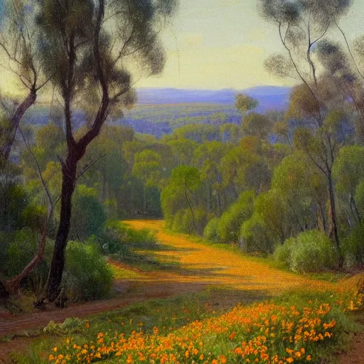 Prompt: a painting of a dirt road surrounded by eucalyptus trees and california golden poppies, woodland hill in the distance. an oil painting by Julian Onderdonk, featured on deviantart, australian tonalism, pre-raphaelite, impressionism, detailed painting