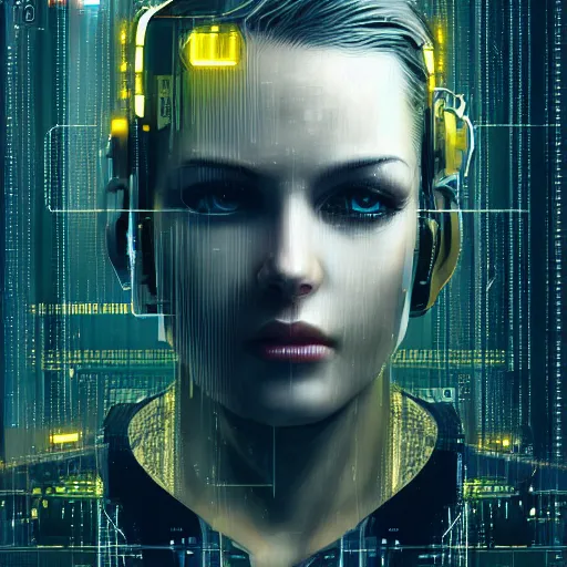 Image similar to a face covered in computer circuits, scifi, bladerunner, cyberpunk, heavy ink, yellow, very detailed eyes, 8 k resolution, by wlop, greg rutkowski