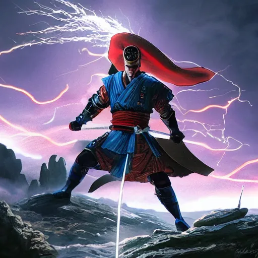 Image similar to UHD Samurai in a cosmic lightning storm on top of a mountain, lighting striking his sword, painted in the style of Greg Rutkowski, Toriyama and Todd McFarlane