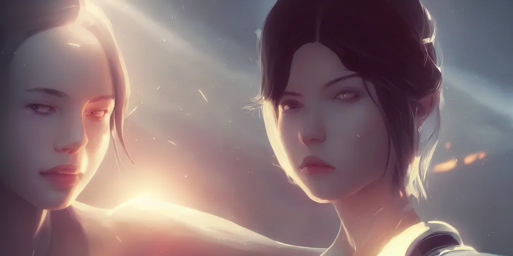 Prompt: Young woman, somber white eyes, long, gentle lighting, piloting a small space shuttle, futuristic, dim lighting, digital art by Makoto Shinkai ilya kuvshinov and Wojtek Fus, digital art, concept art,