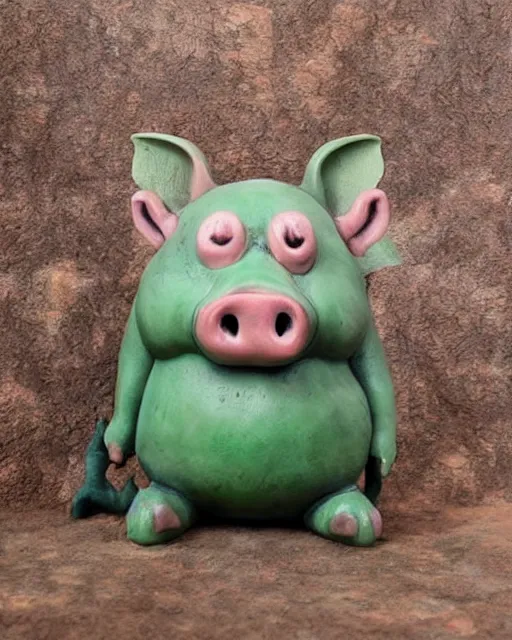 Prompt: cute sad pig troll boglin garden sculpture