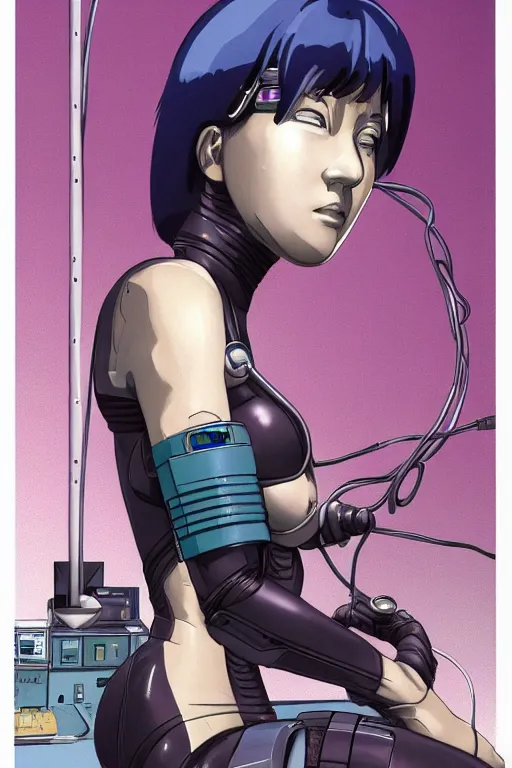 Prompt: cyberpunk illustration of female android motoko kusanagi seen from the side, seated in the lab, with wires and cables coming out of her head and back, by moebius, masamune shirow and katsuhiro otomo, colorful, detailed