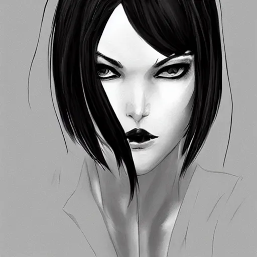 Image similar to slim beautiful killer girl in tuxedo with black wavy bob hair, elegant, 2d, ultra highly detailed, digital painting, smooth, sharp focus, artstation, black and white art by Tsutomu Nihei