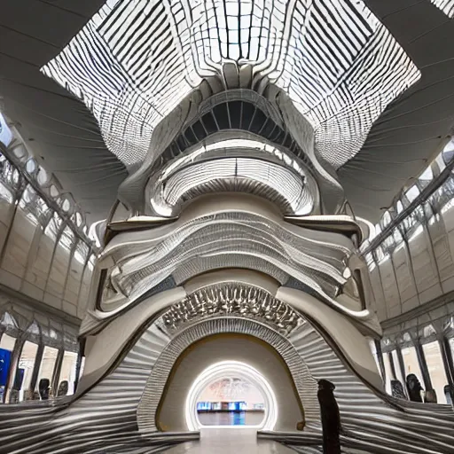 Image similar to extremely detailed ornate stunning beautiful futuristic museum interior by Zaha Hadid