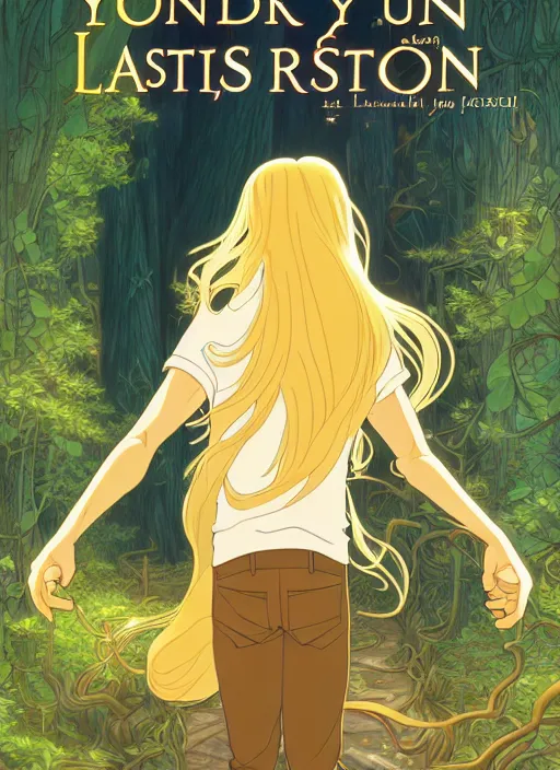 Image similar to book cover design, slender young man with long golden blond hair, shiny and sparkling, from behind, back shot, lost in a magical forest, natural lighting, path traced, highly detailed, high quality, cartoon, digital painting, by don bluth and ross tran and studio ghibli and alphonse mucha