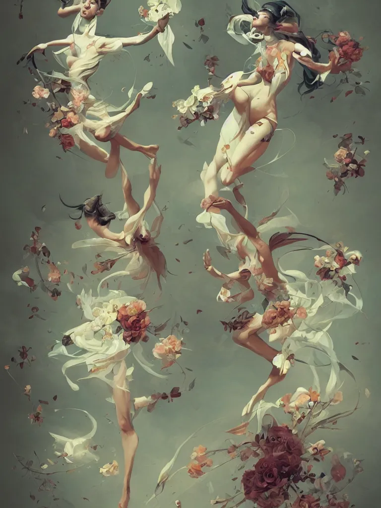 Image similar to a flying body covered in flowers in a dynamic pose, in the style of peter mohrbacher, highly detailed, soft lighting, art nouveau patterns, trending on artstation