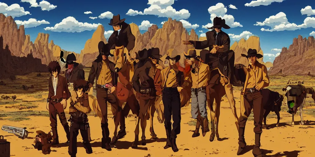 Prompt: cowboy bebop in the old western world with rugged terrain and taverns landscape portraits