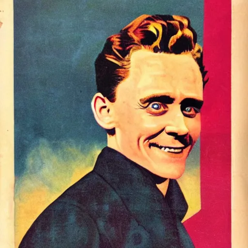 Image similar to “Tom Hiddleston portrait, color vintage magazine illustration 1950”