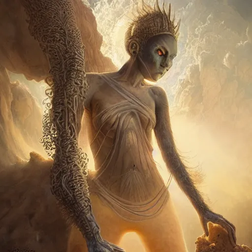 Image similar to a hyperrealistic illustration of a monster covered in sand, desert with rocks with fractal sunlight, award-winning, masterpiece, in the style of Tom Bagshaw, Cedric Peyravernay, Peter Mohrbacher