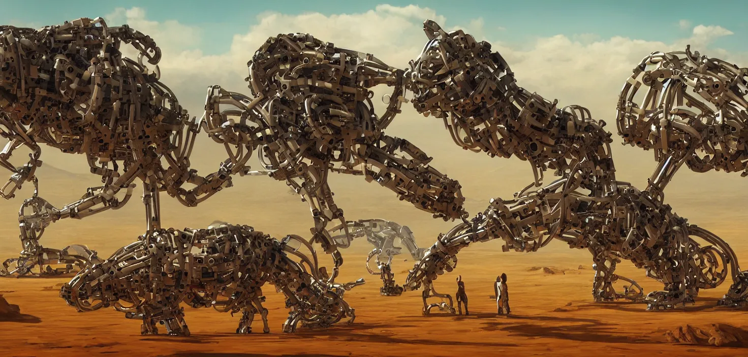 Image similar to highly mechanical animals roaming the desert, CGSociety digital art, naive art