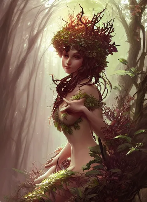 Image similar to a cute forest elemental, with fingers, fantasy, intricate, elegant, highly detailed, digital painting, artstation, concept art, wallpaper, smooth, sharp focus, illustration, art by artgerm and greg rutkowski and alphonse mucha