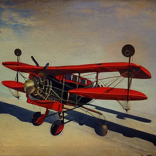 Prompt: a charles r knight painting of a yokai piloting a propeller plane