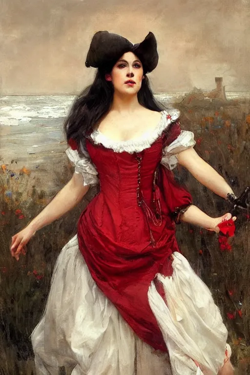 Prompt: Solomon Joseph Solomon and Richard Schmid and Jeremy Lipking victorian genre painting full length portrait painting of a young beautiful woman traditional german french pirate wench in fantasy costume, red background