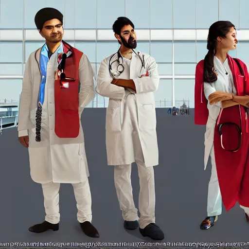 Prompt: Anxious good looking young Indian doctors in American clothes waiting at an airport, by Feng Zhu, highly detailed, excellent composition, cinematic concept art, dramatic lighting, trending on ArtStation