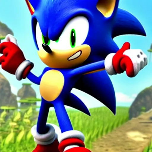 Prompt: Sonic the Hedgehog in Green Hill Zone on Fire