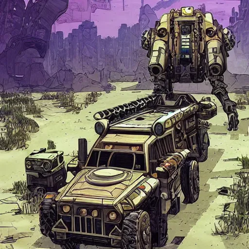 Prompt: alligator mech jeep concept borderland that looks like it is from Borderlands and by Feng Zhu and Loish and Laurie Greasley, Victo Ngai, Andreas Rocha, John Harris