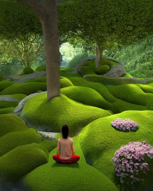 Image similar to hyper realistic render of a heavenly garden of peace, filled with trees, stone slab, flowers, moss, ferns, a girl meditating at a distance, trending on artstation, volumetric lighting, hyper realistic, hyper detailed, high quality render, blender guru