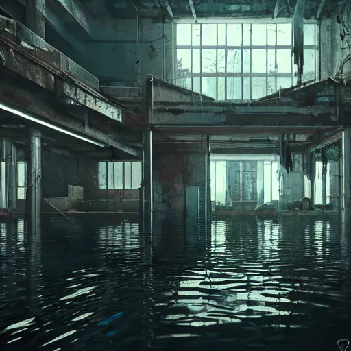 Image similar to flooded, desecrated, abandoned, no windows, cyberpunk science lab, ultra realistic, concept art, intricate details, eerie, highly detailed, photorealistic, octane render, 8 k, unreal engine, art by ben evrard