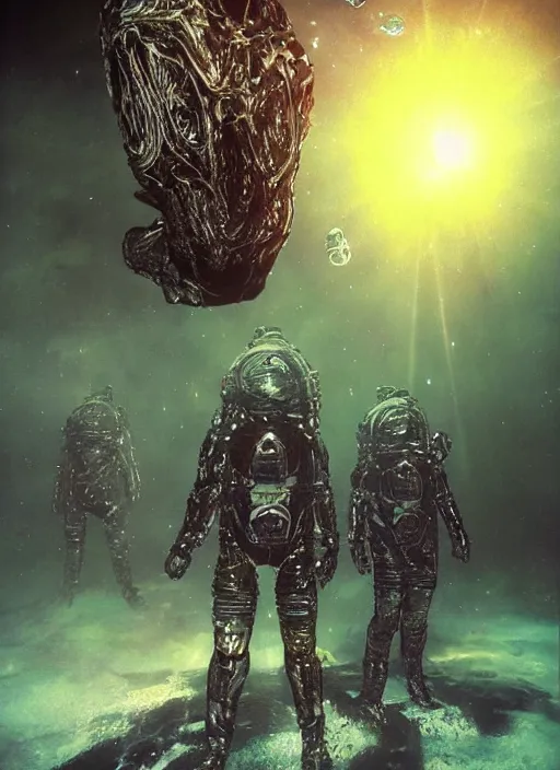 Image similar to astronauts in dark void underwater - complex and hyperdetailed technical suit. reflection and dispersion materials. rays and dispersion of light. volumetric light. f / 3 2. noise film photo. flash photography. ultra realistic, wide angle. poster by wayne barlowe, hajime sorayama aaron horkey, craig mullins