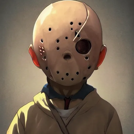 Image similar to cute little boy anime character inspired by jason voorhees art by rossdraws, wlop, ilya kuvshinov, artgem lau, sakimichan and makoto shinkai, anatomically correct, extremely coherent, highly detailed, sharp focus, slasher movies, smooth, red lighting, very realistic, symmetrical h 5 7 6