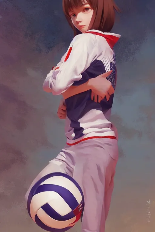 Prompt: A ultradetailed beautiful panting of a stylish girl wearing a volleyball jersey, Oil painting, by Ilya Kuvshinov, Greg Rutkowski and Makoto Shinkai