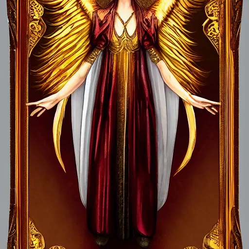 Image similar to tall female angel, flowing robes, ornate golden armor, WLOP