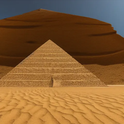 Prompt: front entrance of a pyramid in the desert partially covered by sand, highly detailed, videogame screenshot, panoramic view