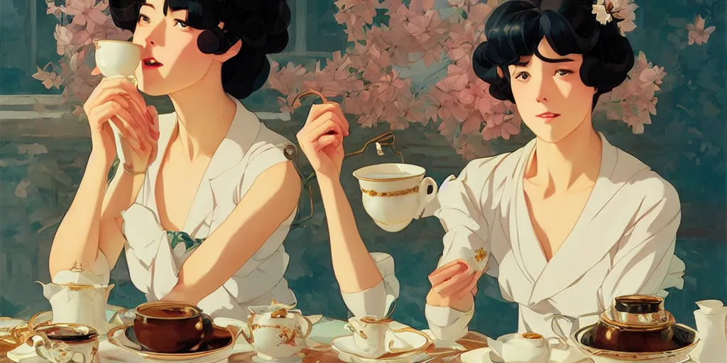 Image similar to attractive female drinking tea, in the style of studio ghibli, j. c. leyendecker, greg rutkowski, artgerm