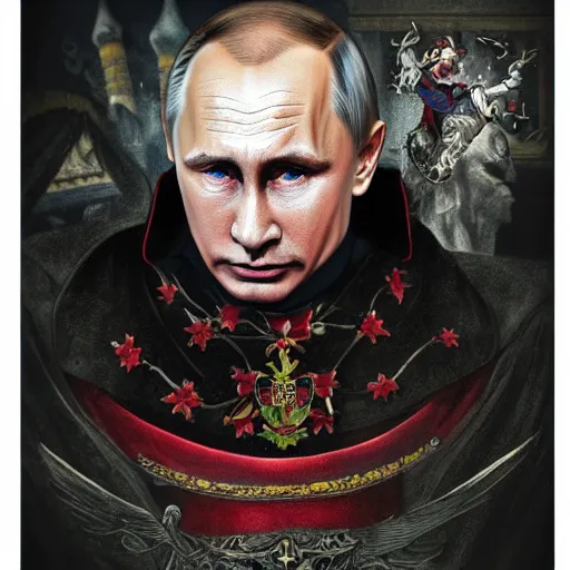 Prompt: vladimir putin is jester in circus, in lunatic asylum, intricate, highly detailed, smooth, artstation, heretic, medieval with hunt