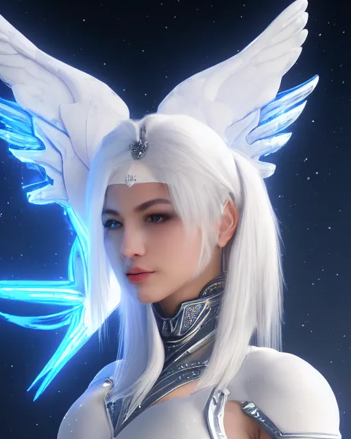 Image similar to perfect white haired egyptian goddess wearing white dove wings, warframe armor, regal, attractive, ornate, sultry, beautiful, ice queen, half asian, pretty face, blue eyes, detailed, scifi platform, 4 k, ultra realistic, volumetric lighting, illuminated, cinematic, masterpiece, art by akihito tsukushi, voidstar