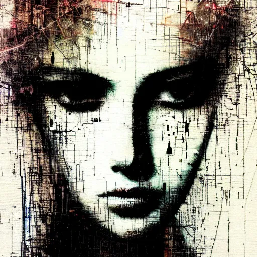 Prompt: portrait of a youthful beautiful women, mysterious, glitch effects, fading, sorrow, sorrow, by Guy Denning, by Johannes Itten, by Russ Mills, centered, glitch art, polished, digital tech effects, clear skin, hacking effects, cyberpunk, detailed lines, color blocking, digital art, concept art, abstract