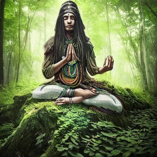 Image similar to meditating shaman in forest, artstation, realistic, nature, best art,