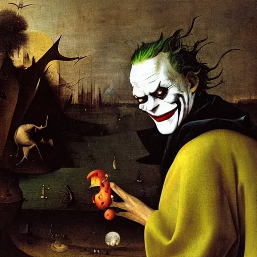 Image similar to portrait of the joker, joker is laughing, drama, chaos matte painting by hieronymus bosch and zidislaw beksinsky