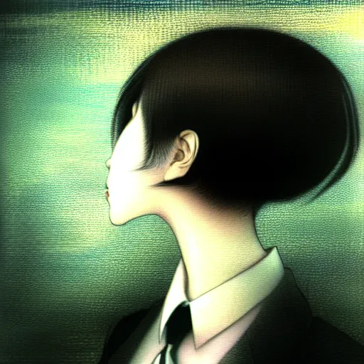 Image similar to yoshitaka amano blurred and dreamy realistic three quarter angle portrait of a young woman with short hair and black eyes wearing office suit with tie, junji ito abstract patterns in the background, satoshi kon anime, noisy film grain effect, highly detailed, renaissance oil painting, weird portrait angle, blurred lost edges