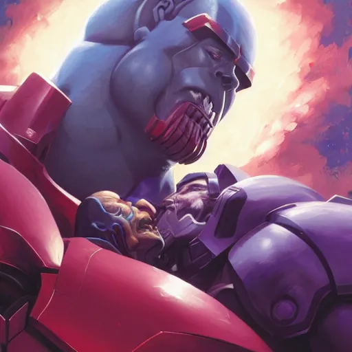 Prompt: portrait of a primaris space marine kissing thanos by jesper ejsing, by rhads, makoto shinkai and lois van baarle, ilya kuvshinov, rossdraws global illumination