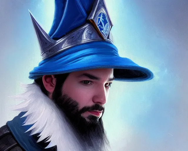 Prompt: amazing portrait of alexis ohanian as a wizard, pointy blue wizard hat, deep focus, symmetrical face, d & d, fantasy, intricate, elegant, highly detailed, digital painting, artstation, concept art, matte, sharp, illustration, hearthstone, art by artgerm and greg rutkowski and alphonse mucha