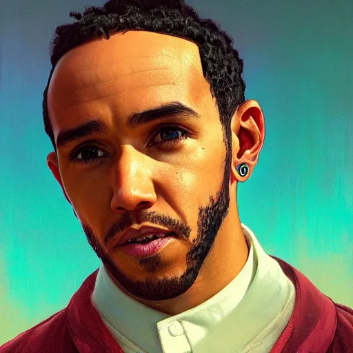 Image similar to highly detailed vfx portrait of lewis hamilton, stephen bliss, greg rutkowski, loish, rhads, beeple, makoto shinkai, tom bagshaw, alphonse mucha, sharp focus, art by artgerm and greg rutkowski, stanley kubrick, backlit, harsh overhead sunlight,