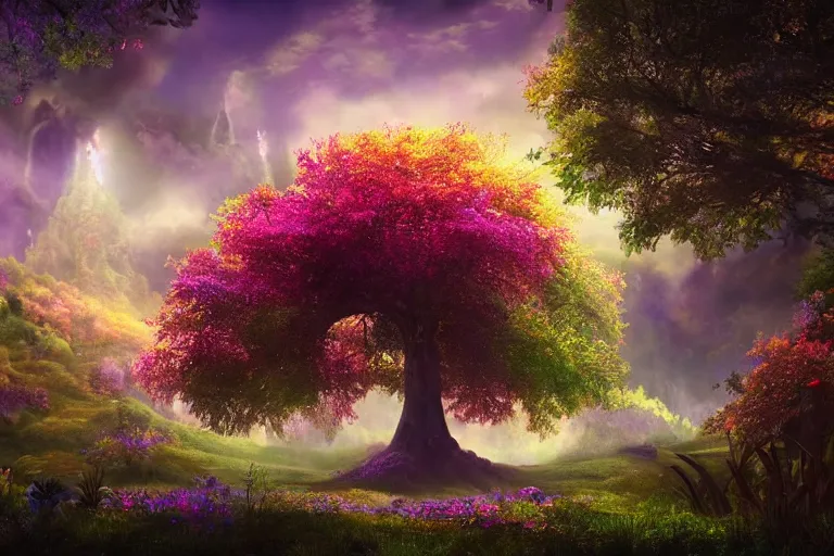 Prompt: Landscape of a beautiful enchanted fantasy world. Colorful. A giant tree. Cinematic lighting. Photorealism.