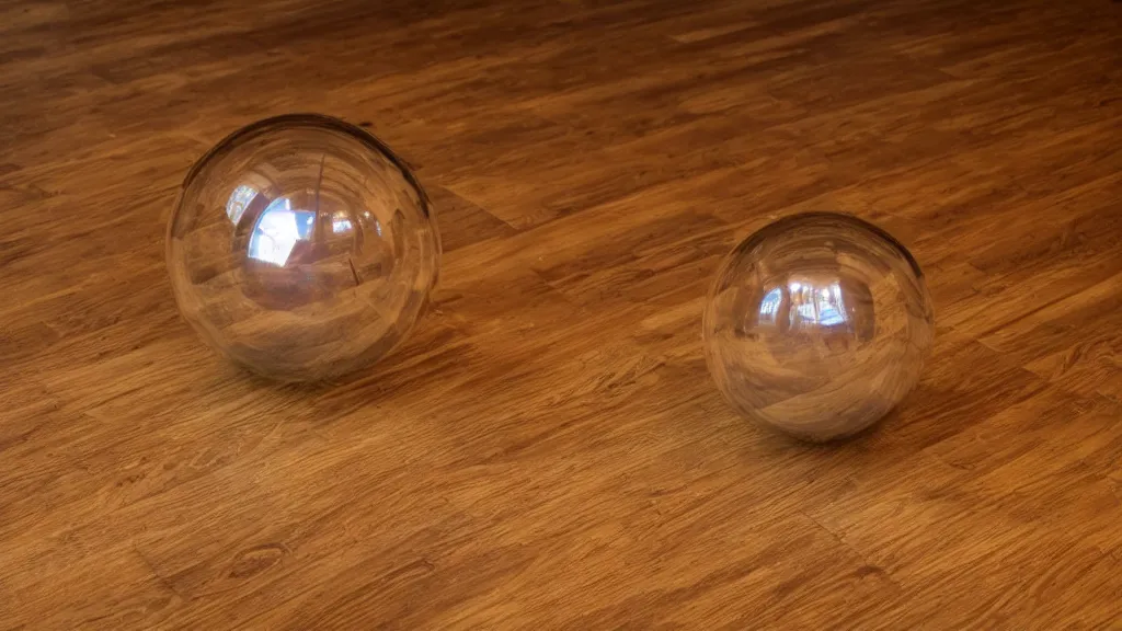 Prompt: a glass ball on a wooden floor with light caustics.