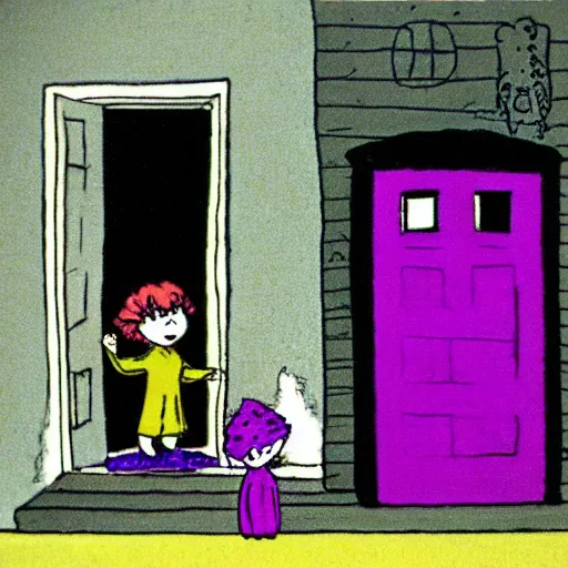 Image similar to Harold and the Purple Crayon in black and white with a purple door and a purple crayon by Maurice Sendak, illustrated as a children's book